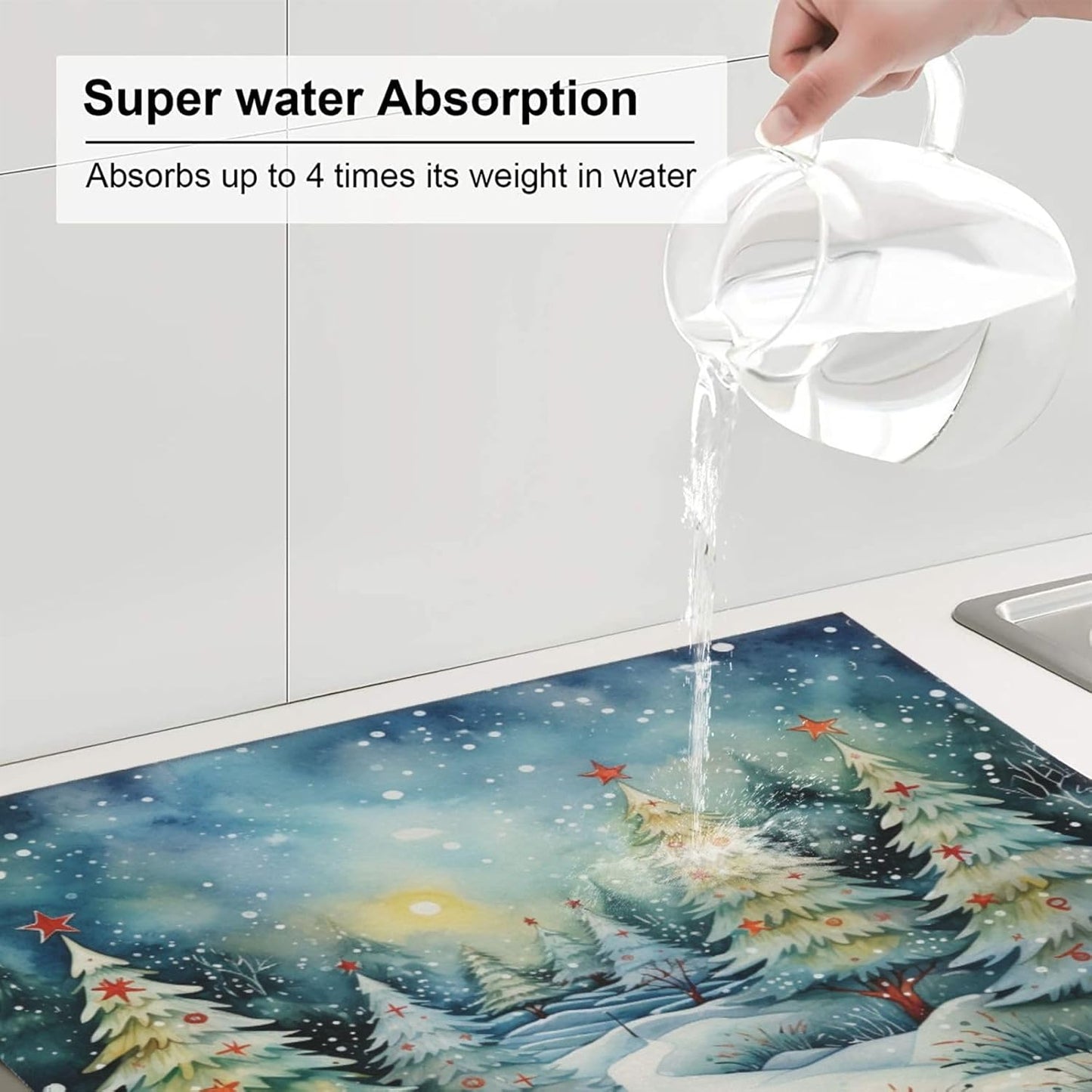 Dish Drying Mat Christmas Tree Watercolor Winter Forest for Kitchen Counter Absorbent 16x18 Inch Microfiber Dishes Plate Glass Dry Draining Pad Reversible Washable