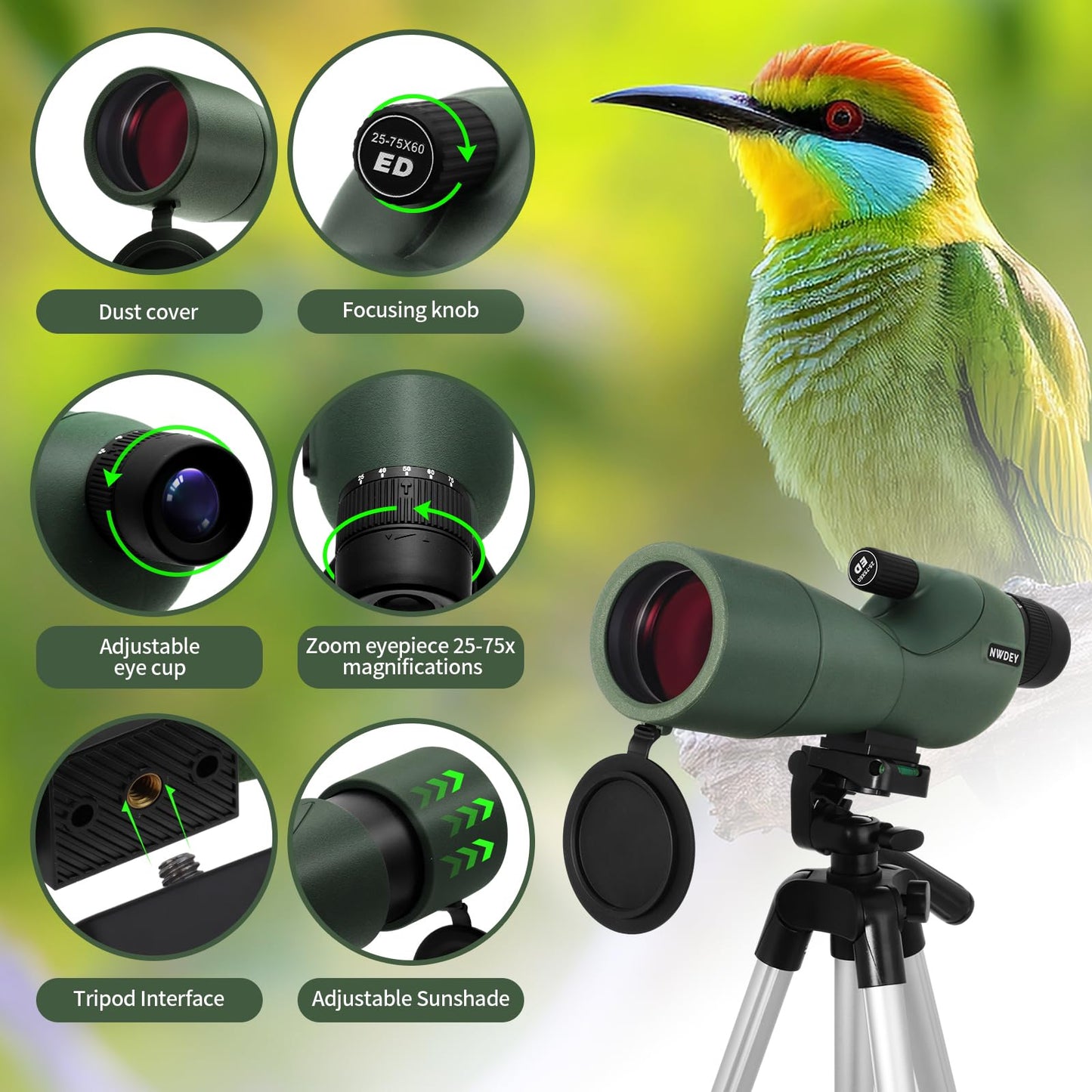 Nwdey 25-75X60 Spotting Scope With 51In Tripod, Spotting Scopes For Target Shooting, Hunting, Birding. Low Light Vision, Phone A
