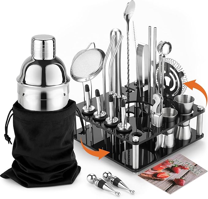 KINGROW Cocktail Shaker Set 29-Piece Bartender Kit with Rotating Stand | Bar Set Drink Mixer Set with All Essential Access...