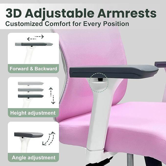 ZYFFHYLAI Ergonomic Office Chair - 350LB Mesh Office Chair with Adjustable Lumbar, High Back Computer Desk Chair with 3D Armrests, Comfy Chair with 2D Headrest & Tilt Function for Study, Work, Gaming