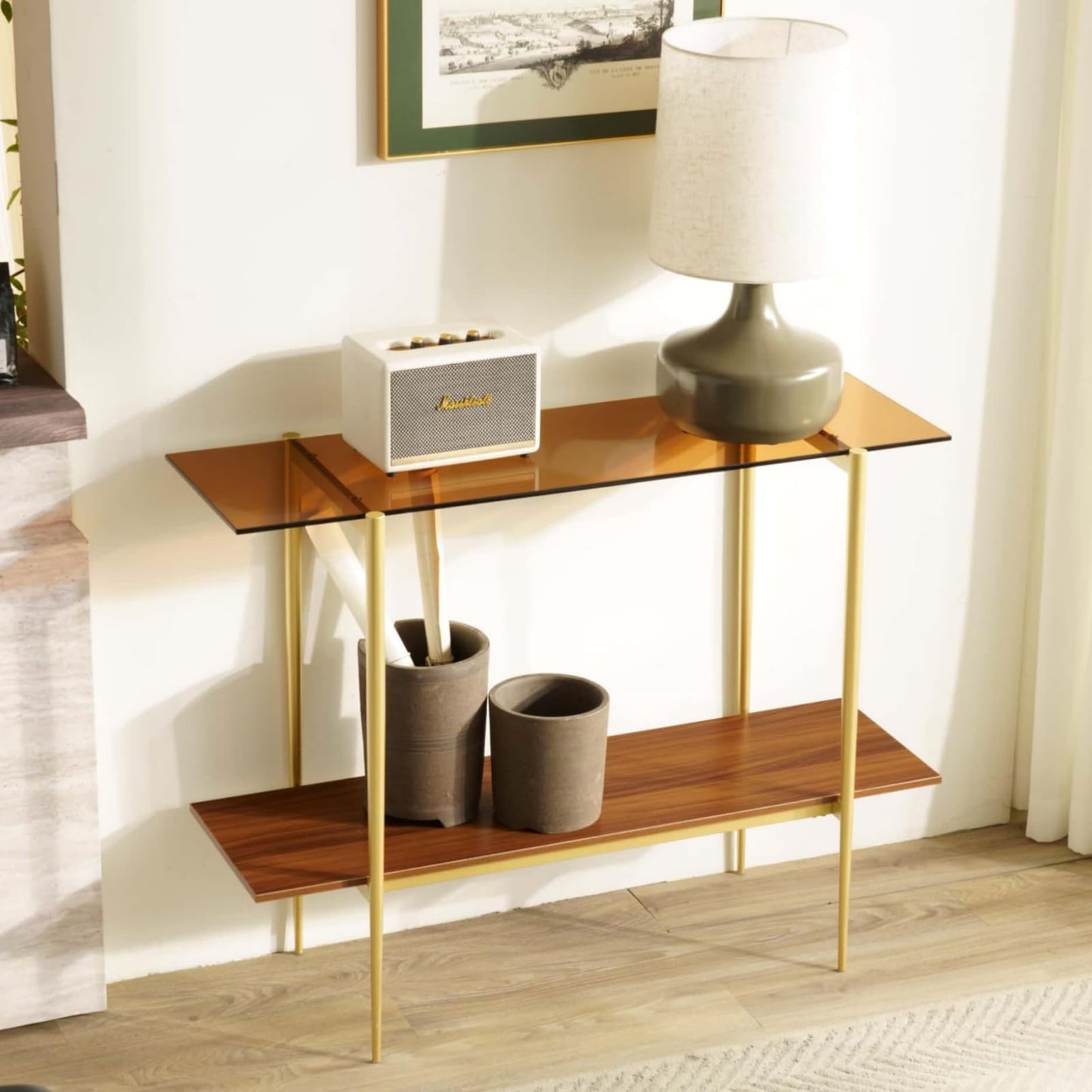Saint Mossi 2-Tier Brown Console Table for Living Room, Modern Narrow Entryway Table, Glass Sofa Table for Hallway, Foyer, Corridor, Office, Brown Glass Top & Gold Frame, D41×H31xW13