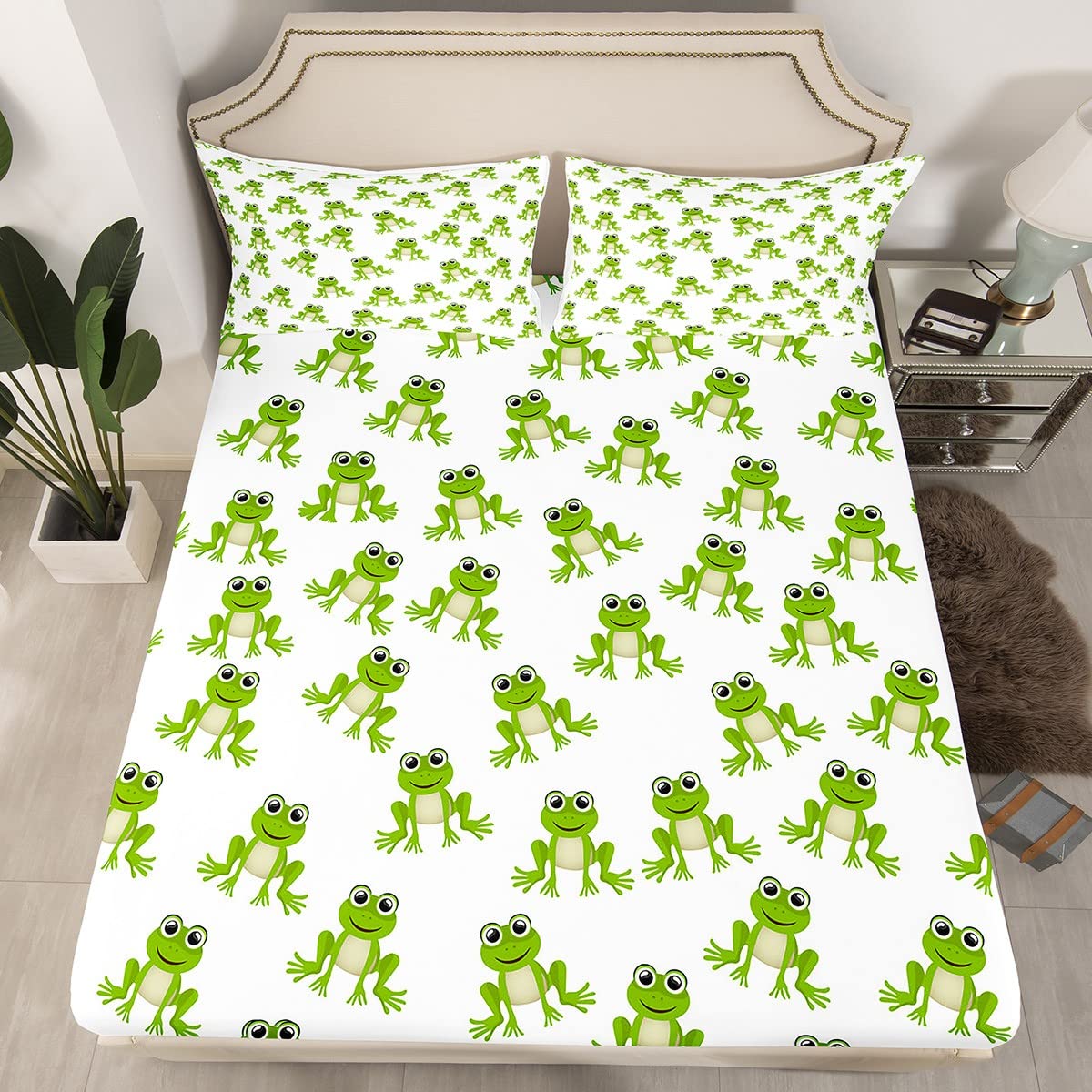 Feelyou Kids Frog Sheet Set Cute Green Frogs Bed Sheets for Boys Girls Children Wild Animal Decor Bed Sheet Set Kawaii Pattern Bedding Set Bedroom Bed Set with Deep Pocket Fitted Sheet 3Pcs Twin Size