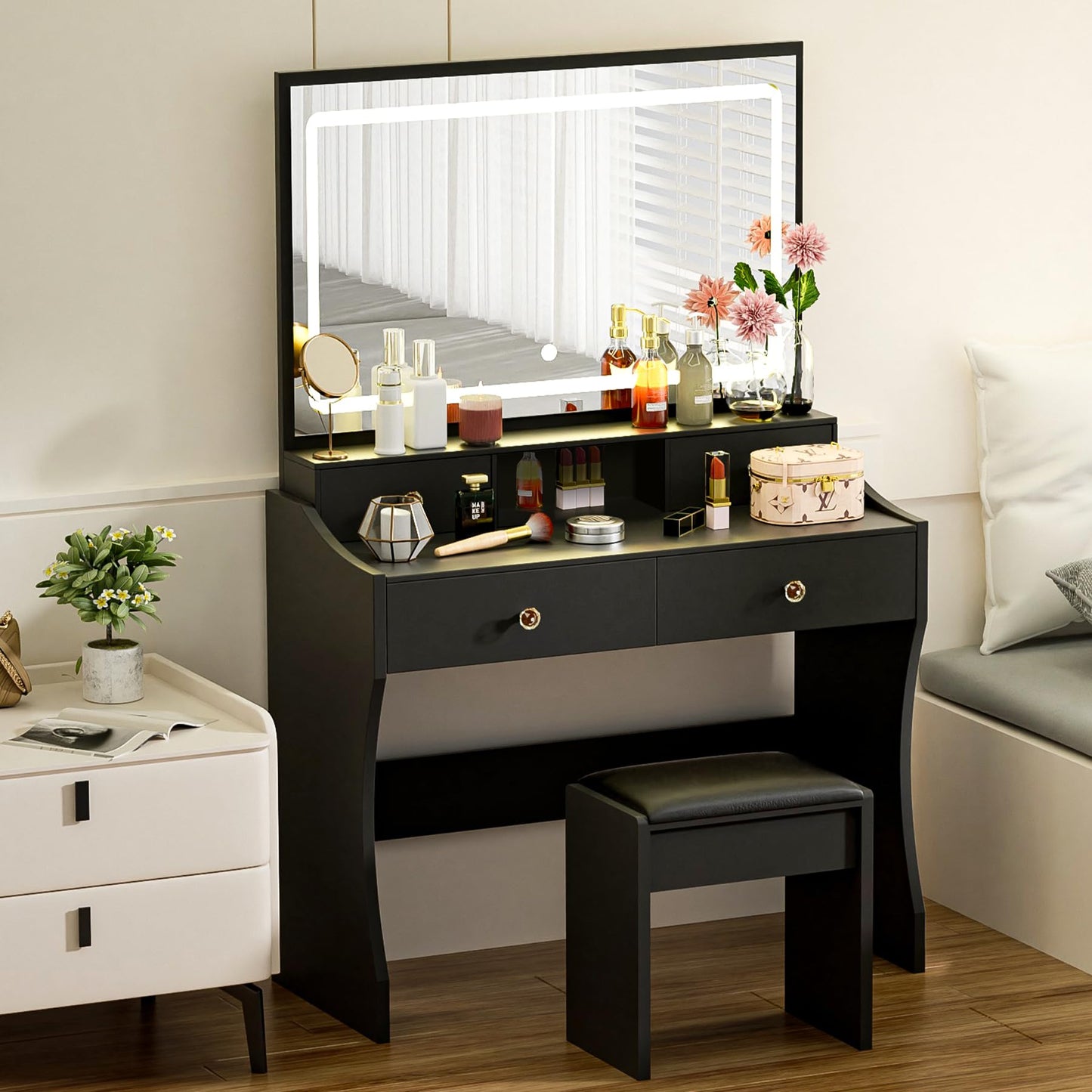 COMHOMA Makeup Vanity Desk with Mirror and Lights, Vanity Table and Chair Set with 4 Drawers and Charging Station, Bedroom Dresser LED Mirror Stepless Dimmable & 3 Color Modes Adjustable, Black
