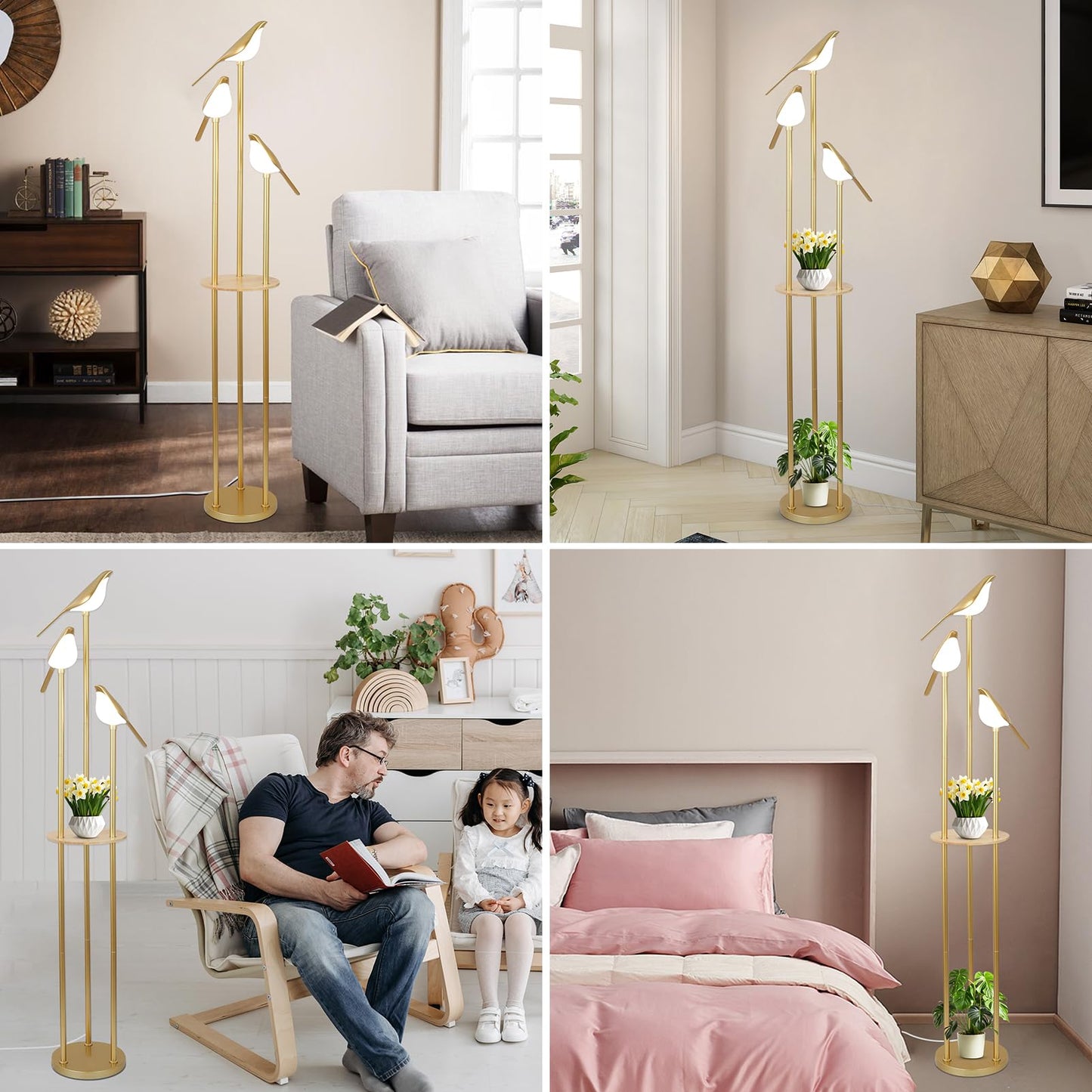 Gold Floor Lamp for Living Room With Shelves - Modern Mid Century Standing Light With 3 Adjustable LED Bird Lights, Corner Tall Lamp With Table, Brass Stand for Bedroom Kids Room