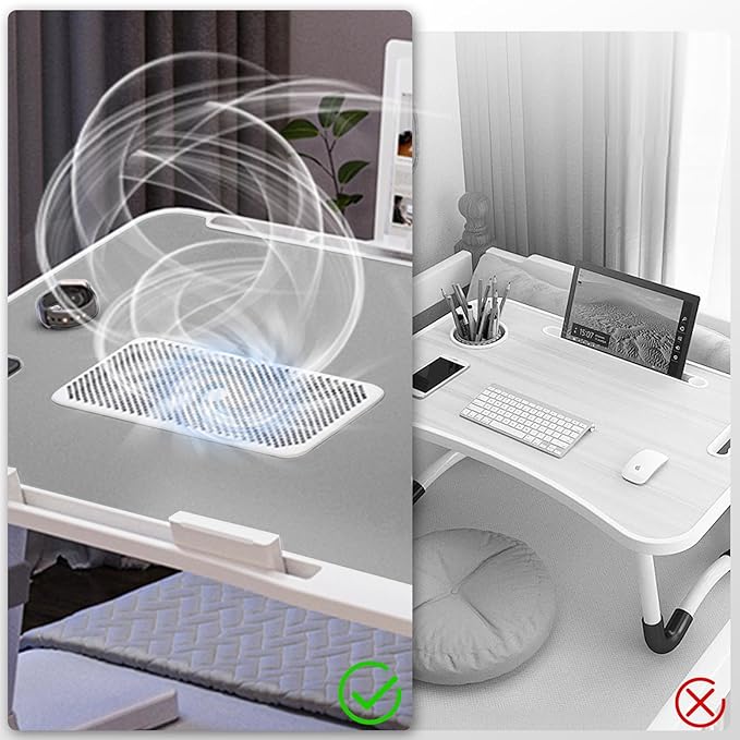 iXTRA Laptop Lap Desk with Cooling Fan - Adjustable with Light, USB, Storage Drawer - Folding Bed Desk,23.62"*15.74",Grey