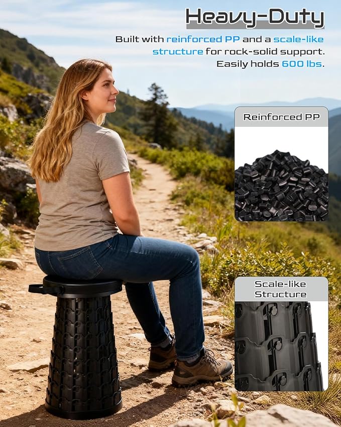 Spisces 2025 Heavy Duty Collapsible Stool | 600lbs Capacity, 18-in Tall Lightweight 2.6lbs Portable Retractable Telescoping Stool for Adults, Camping Fishing Hiking Travel BBQ