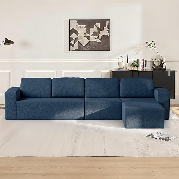 Furnify 136" Modular Sectional Couch Left/Right Facing Convertible, L-Shape Modern Teddy Sofa, Deep Seat Upholstered Foam Couch for Living Room Bedroom, No Assembly Required (Blue, Teddy Boucle)