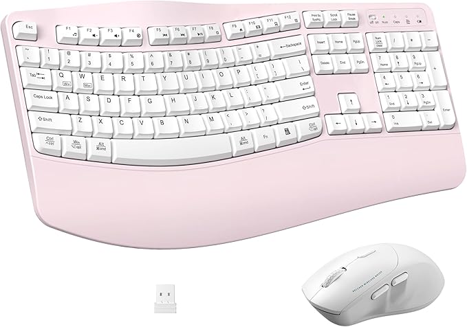 Ergonomic Wireless Keyboard and Mouse Combo, Wave Keys Keyboard with Wrist Rest for Natural Typing, 3 DPI Adjustable Ergon...