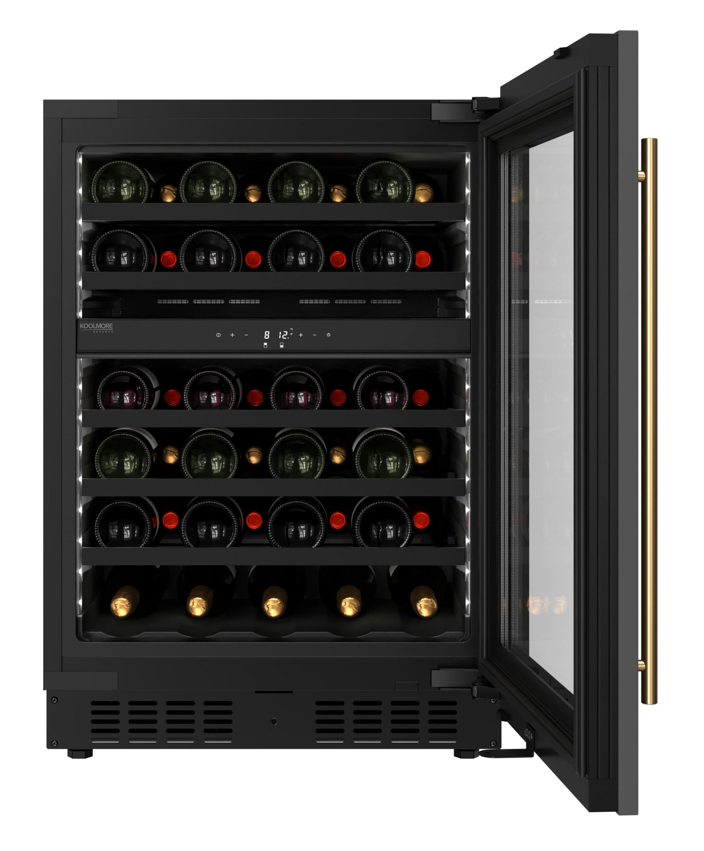 KoolMore Reserve 24 in. Under-Counter Panel Ready Dual Zone Built-in Wine Cooler with Black Shelves and 45 Bottle Capacity in Black (KM-CW46DZ-BPR)