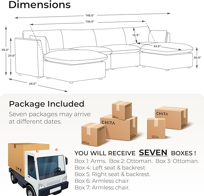 CHITA Luxury Oversized 148" U-Shaped Sectional Sofa Couch, Premium Down Filled Cloud Modular Sectional with Storage Ottoman, FSC Certified, 6 Seat for Living Room, Snow
