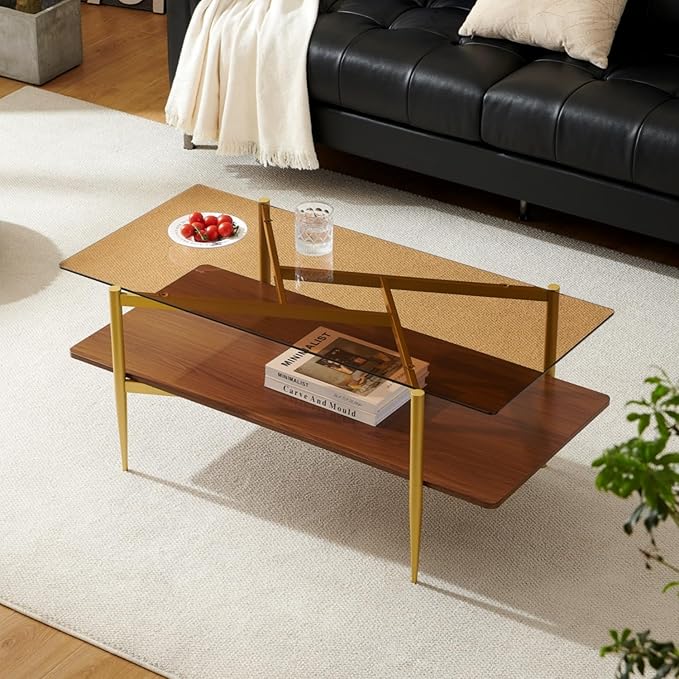 Pine Flicker Rectangle Coffee Table, Mid-Century Modern Design, L41*W21*H17 inch, for Living Room, Amber Glass Top and Walnut Finish Wood Shelf, Conical Metal Legs with Gold Finish