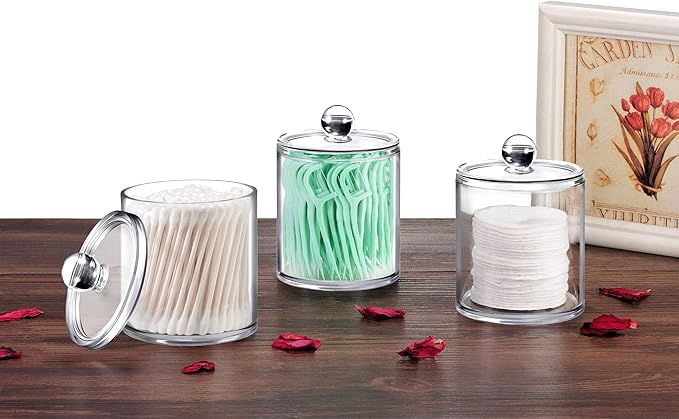 SheeChung 6 Pack Qtip Dispenser Apothecary Jars Bathroom with Labels - Qtip Holder Storage Canister Clear Plastic Acrylic Jar for Cotton Ball, Swab,Pads, Rounds,Floss Picks, Hair Clips (Clear)