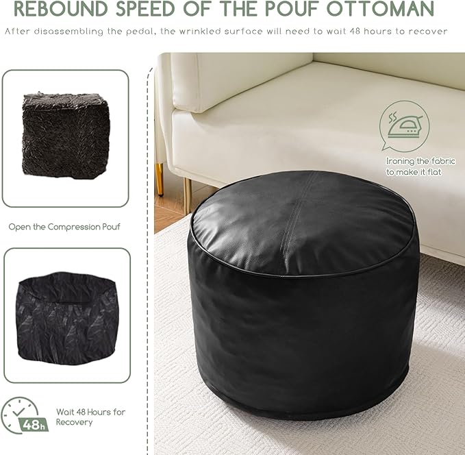 HIGOGOGO Round Stuffed Pouf Ottoman, Pu Leather Poufs with Foam Chunk Filling, Furry and Fluffy Pouf Foot Stool Storage Ottoman, 26 X 18 Floor Poufs Foot Rest for Living Room, Black