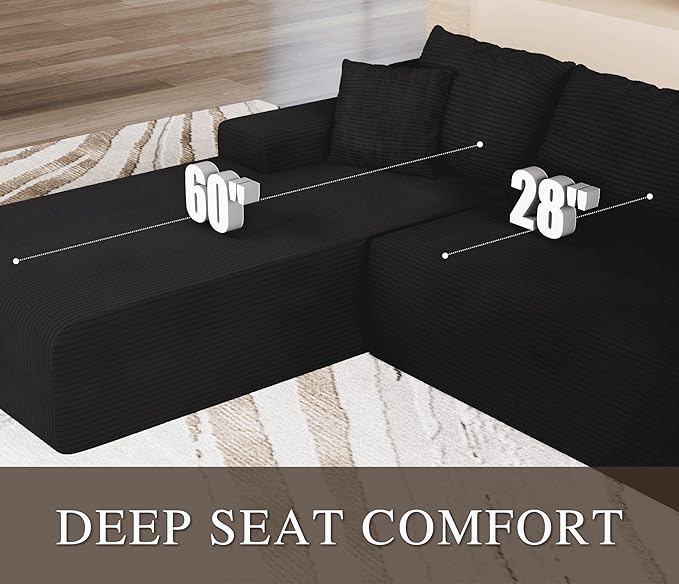 NAYA 106” Modular Sectional Sofa, Cloud Sectional Couch with Deep Seat, Modern Modular L-Shape Sofa Boneless Couch with Chaise for Living Room Bedroom (Black, Sectional Sofa with Left Facing Chaise)