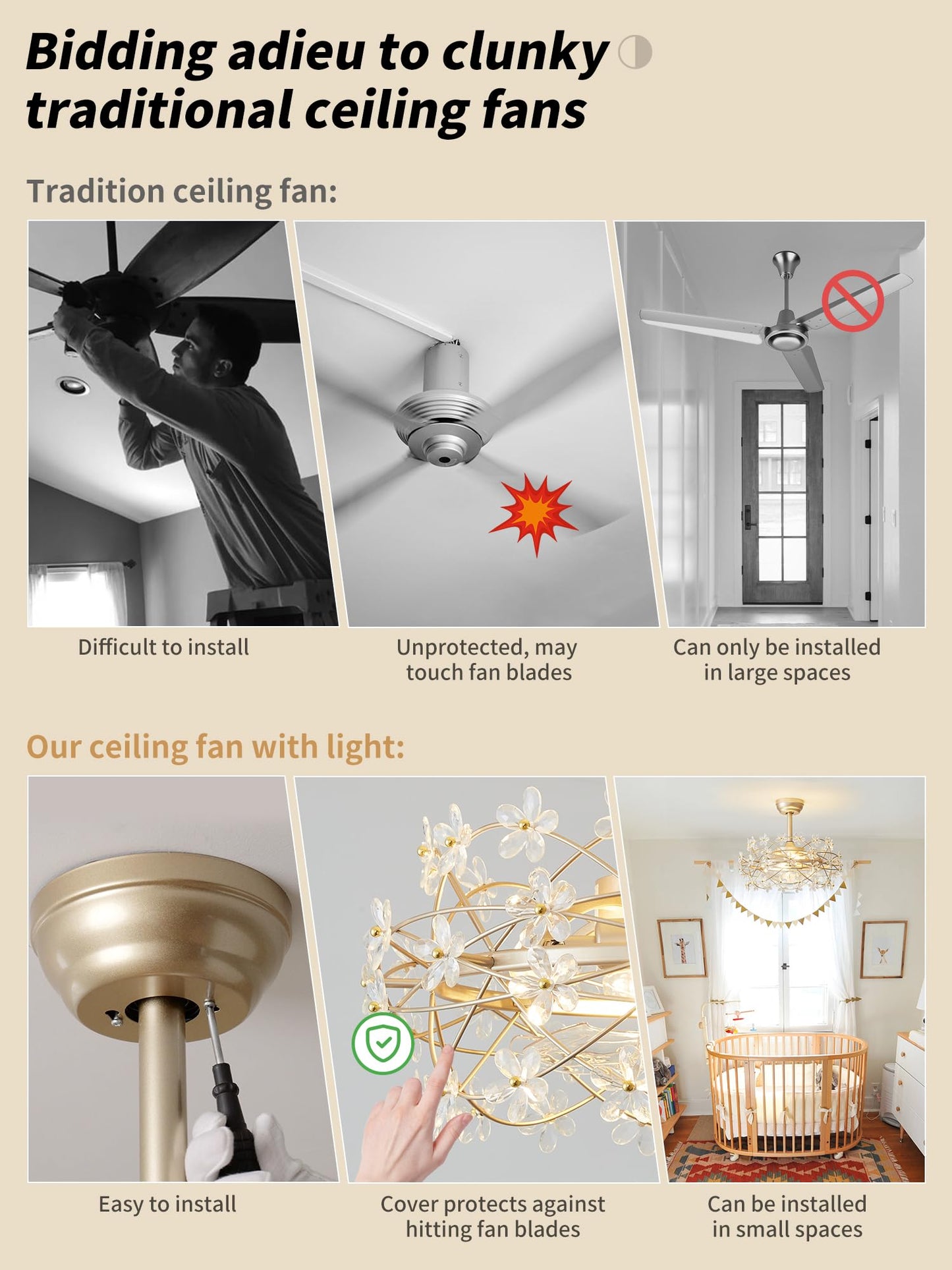 Sydacg 20 Gold Crystal Fandelier Ceiling Fan With Light, Mid-Century Chandelier Ceiling Fan With Light Remote Control, Flower Ca