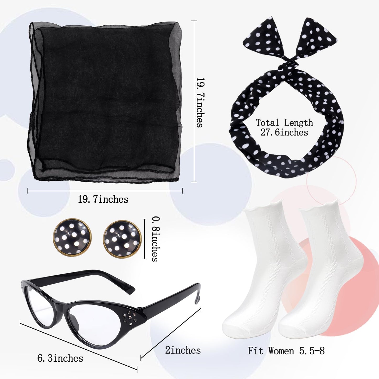 Ibeauti 50s Costumes for Women Girls 1950s Poodle Skirt Outfits Set with Cat Eye Glasses Chiffon Scarf Bandana Tie Headband Earrings Socks (Large, Black)
