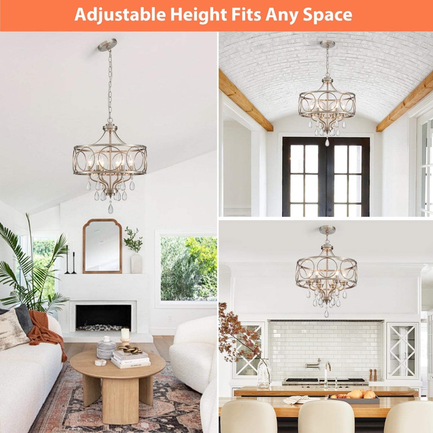 Majhoiw Crystal Chandeliers for Dining Room,17.7" Brushed Nickel 6 Lights Hanging Pendant Lighting Fixture Metal Farmhouse Chandelier for Kitchen Island Entryway Living Room