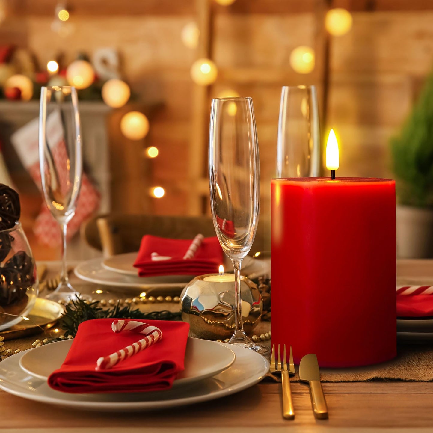 Eywamage Red Christmas Flameless Pillar Candles with Remote, Flickering Battery Operated LED Wax Candles Set of 3