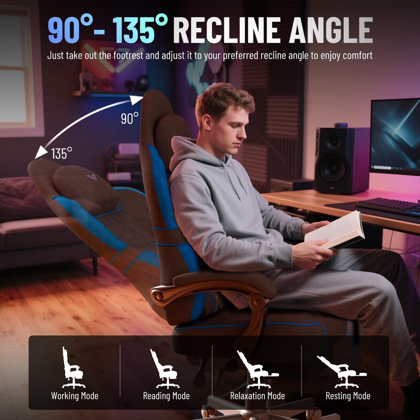 Huracan Ergonomic Gaming Chair Velvet Fabric, Massage Game Chair with Footrest for Adults, High Back Racing Computer Chair Lumbar Support Extended Seat for Home Office Video Game, Black and Blue