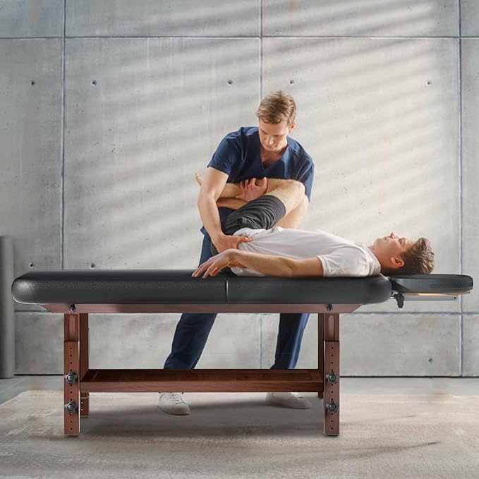 Wood Massage Table with Hight Adjustable Legs and Backrest for Treatment, Black PU Leather Professional Spa Bed Load1500 LBS, Spa Table with Storage for Footmassage Facial CareSpa Tattoo