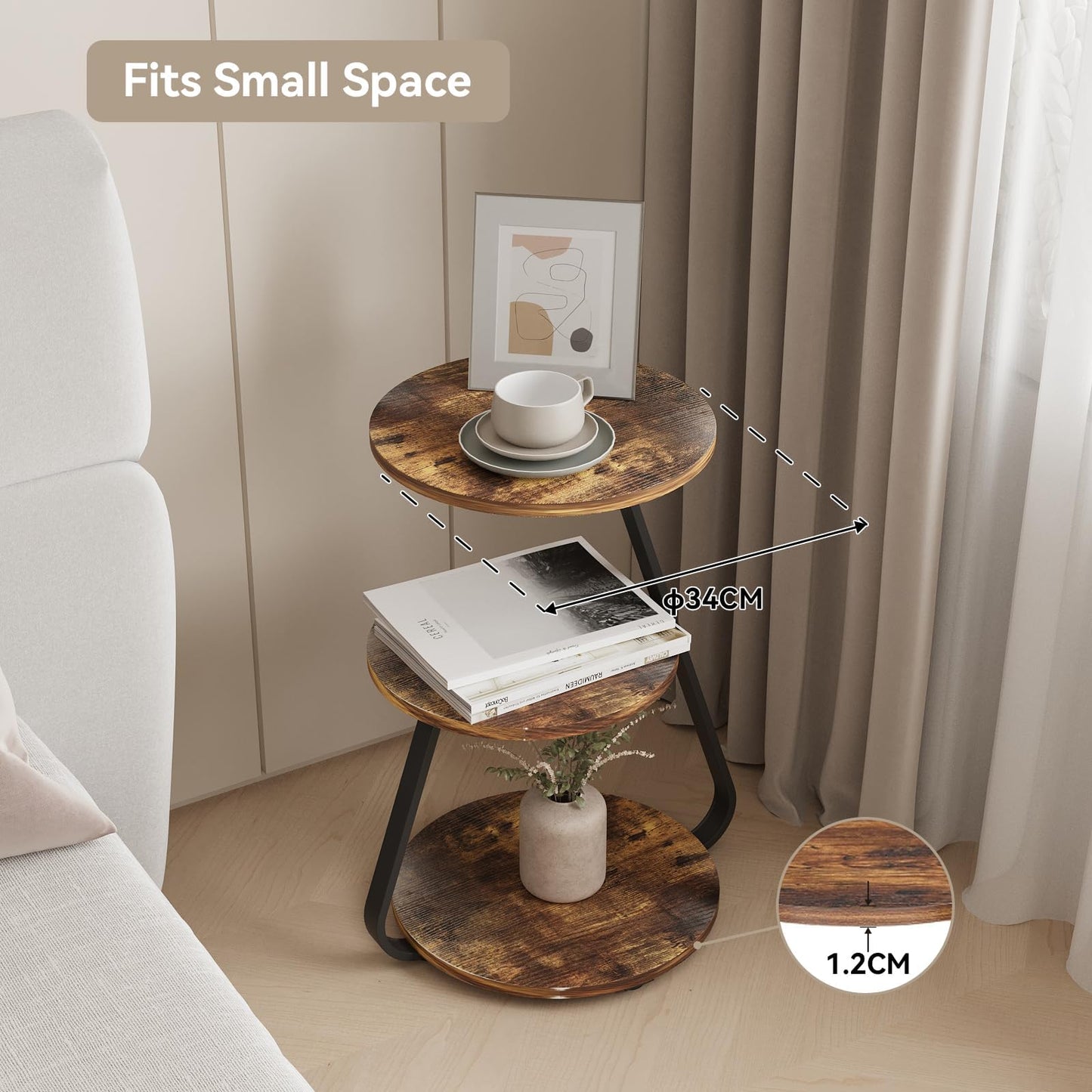 ARTETHYS Side Table Set of 2, Bedside Small Coffee Table with 3 Color LED Lights, End Table with 3 Tier Storage Shelves for Living Room Bedroom, Rustic Brown