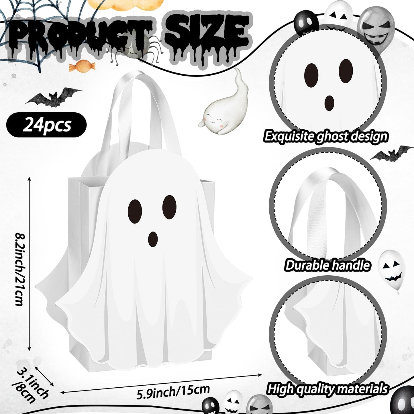 Sweetude 24 Pcs Halloween Ghost Paper Gift Bags Party Favor Bags with Handle for Trick-or-treat Candy Goodie Pastel for Halloween Spooky Birthday Holiday Party Supplies