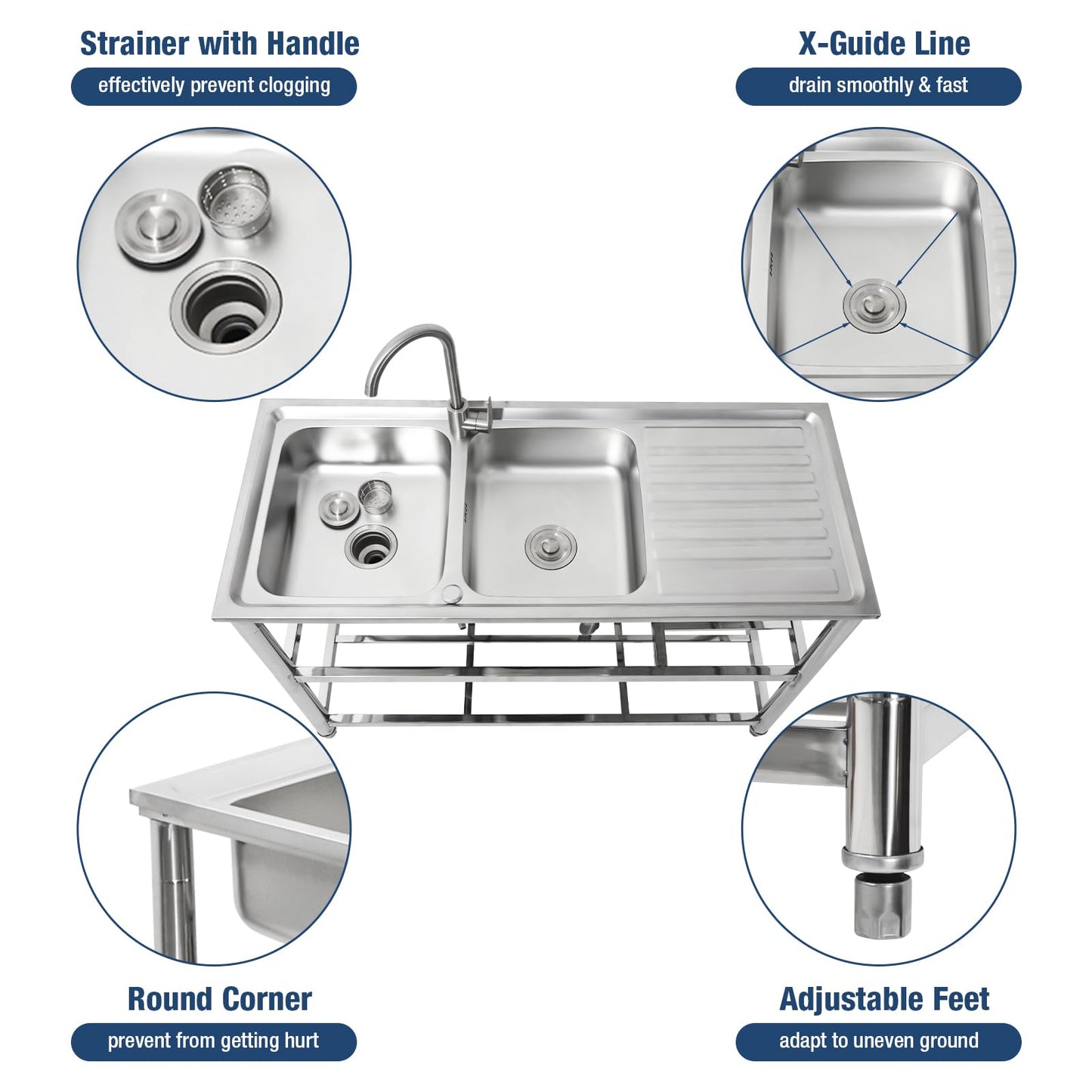 Stainless Steel Double Bowl Utility Sink, 47.2x19.68x31.49 Inch Commercial Kitchen Sink with Workbench, Heavy-Duty Freestanding Design for Restaurants, Laundry, Outdoor Use