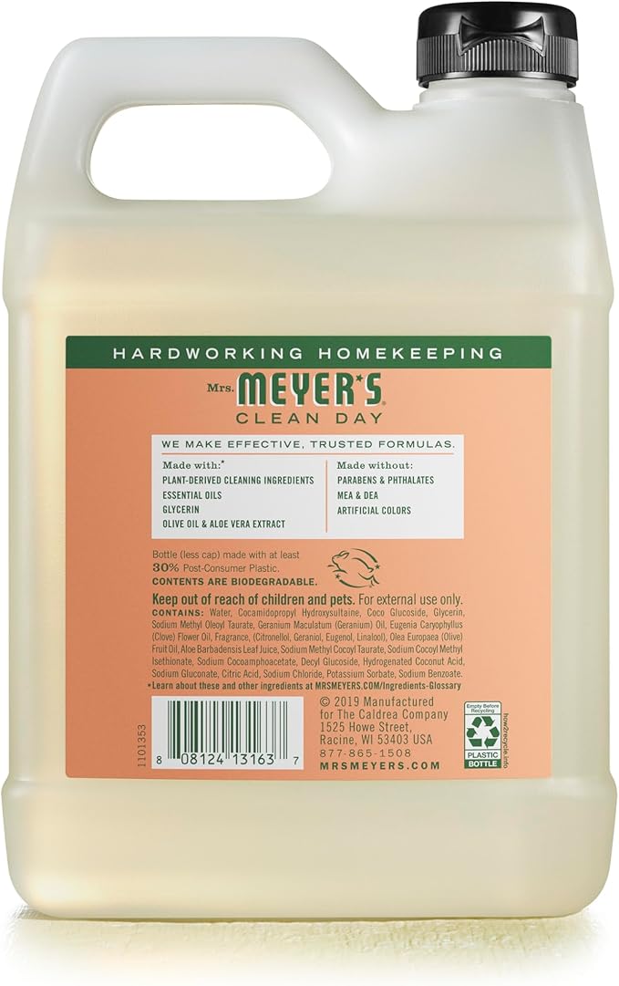 MRS. MEYER'S CLEAN DAY Hand Soap Refill, Made with Essential Oils, Geranium, 33 fl. oz