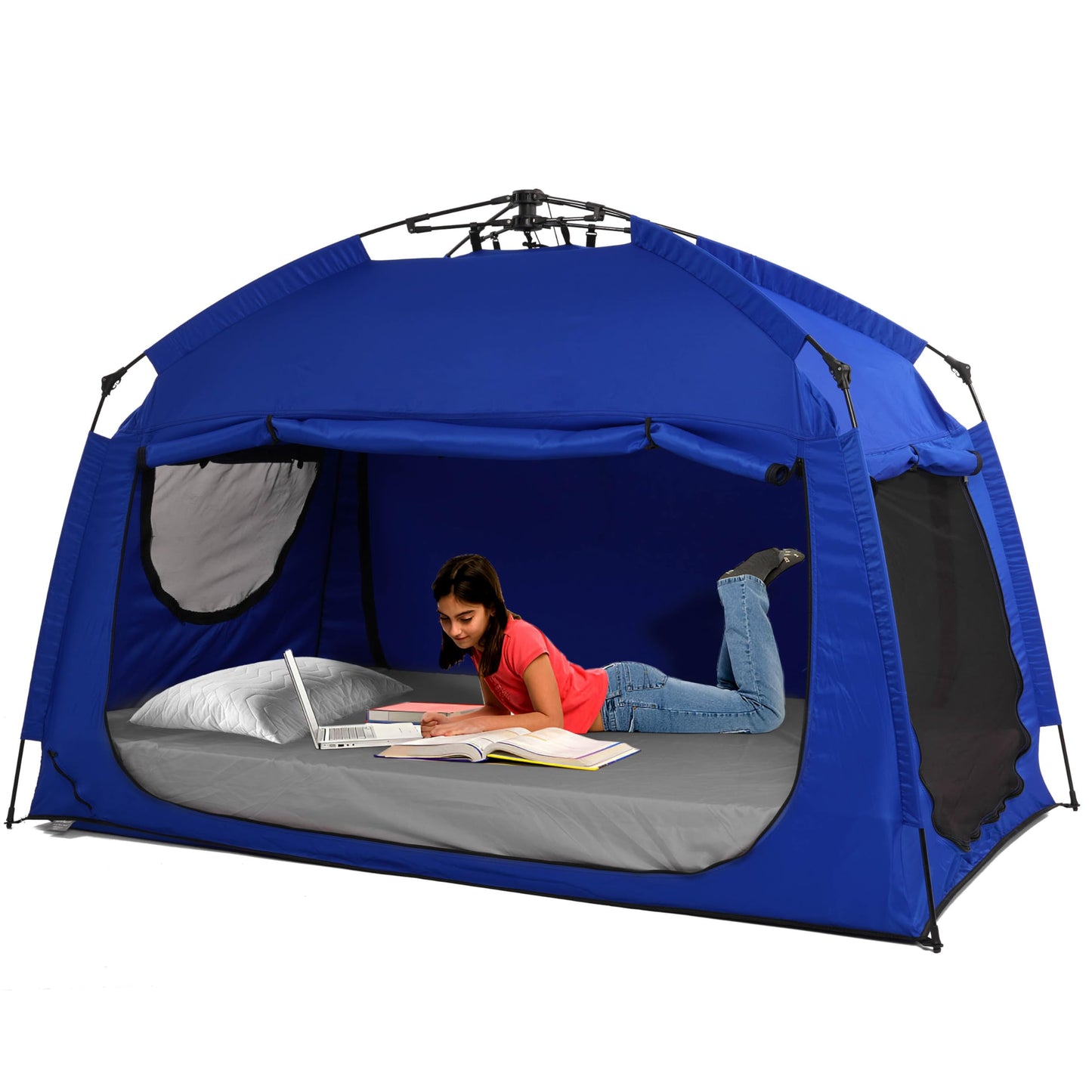 Indoor Instant Privacy Bed Tent for Sleeping,Quick Set-up Bed Canopies,Portable Bed Drapes with Large Space and 3 Doors (Blue, Full)
