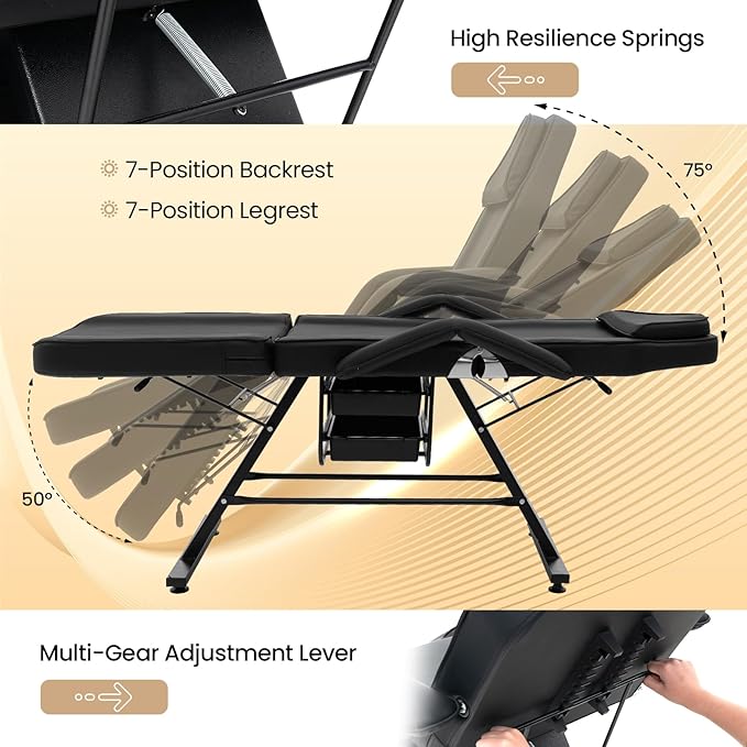 Giantex 72" Massage Bed with Hydraulic Stool, 3-Section Tattoo Chair with Adjustable Backrest, Legrest & Storage Boxes, Facial Chair for Professional Massage Lash Beauty Treatment Spa (Black)