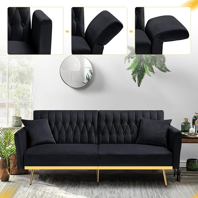 ACMEASE 70” Velvet Futon Sofa Bed with 2 Pillows and Adjustable Armrests, Convertible Sleeper Bed W/Adjustable Backrests, Modern Loveseat for Living Room, Bedroom, Black
