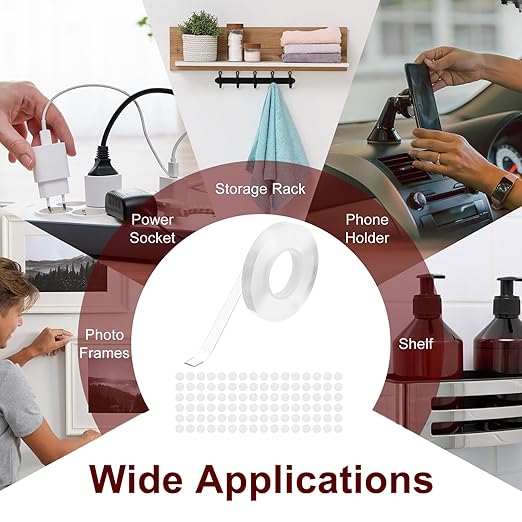 PATIKIL Double Sided Tape Heavy Duty, Transparent Nano Adhesive Mounting Tape for Picture Hanging Walls Decor, 1 Roll 5mx10mmx1mm Strip & 200 Pcs 8mmx1mm Circle