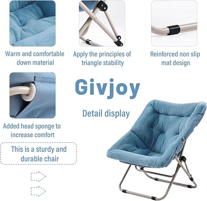 Givjoy Comfy Folded Chair, Soft Faux Fur Oversized Folding Chair, Flexible Lounge Lazy Chair for Kids Girls Teens Adults, Moon Chair for Dorm Rooms, Bedroom, Living Room