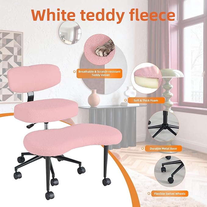 DUMOS Ergonomic ADHD Cross Legged Office Desk Chair with Adjustable Backrest, Height Adjustbale Meditation Chair with 360° Swivel Footstool, Teddy Fabric Yoga Stool for Home Office, Pink
