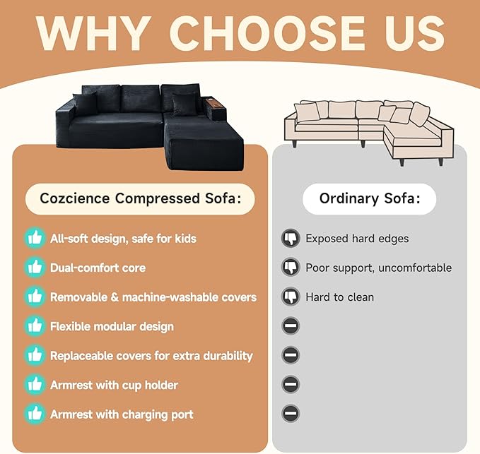 Modular Sectional Sofa Cloud Couch with Multi-Functional Armrests, Boneless Plush L-Shape Living Room Couch with Deep Seat, Fluffy Comfy Sleeper Sofa Easy Assembly (Black, Left Chaise)