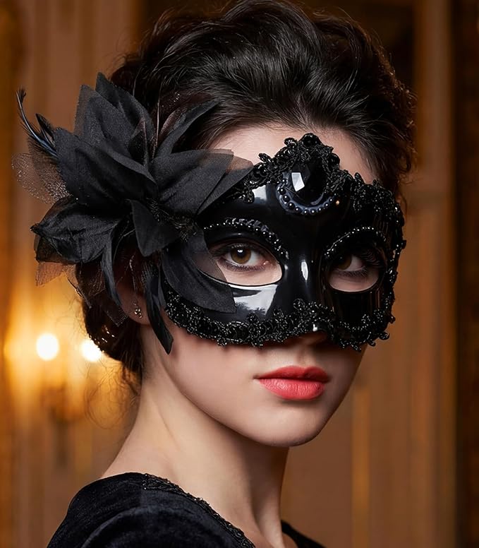 Maeaccx Masquerade Mask for Women, Black Venetian Masks Flower Lace Elegant Mardi Gras, Party Costume Accessories