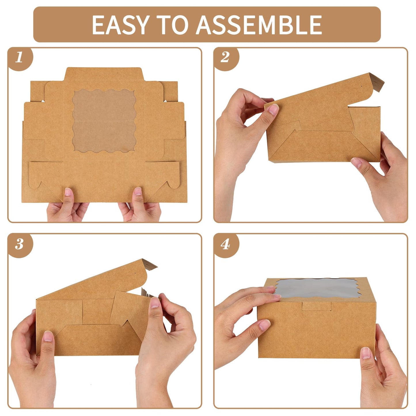 Moretoes 15pcs Cookie Boxes with Window, 6x6x3in Brown Bakery Boxes for Treats, Small Cake, Desserts, Donuts, Pastry
