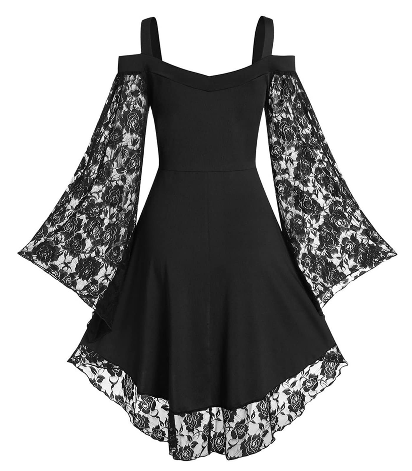 Panegy Women’s Steampunk Gothic Dress Renaissance Bustle Dress Off Shoulder Lace Medieval Dress Long Sleeve Victorian Goth Dresses Black