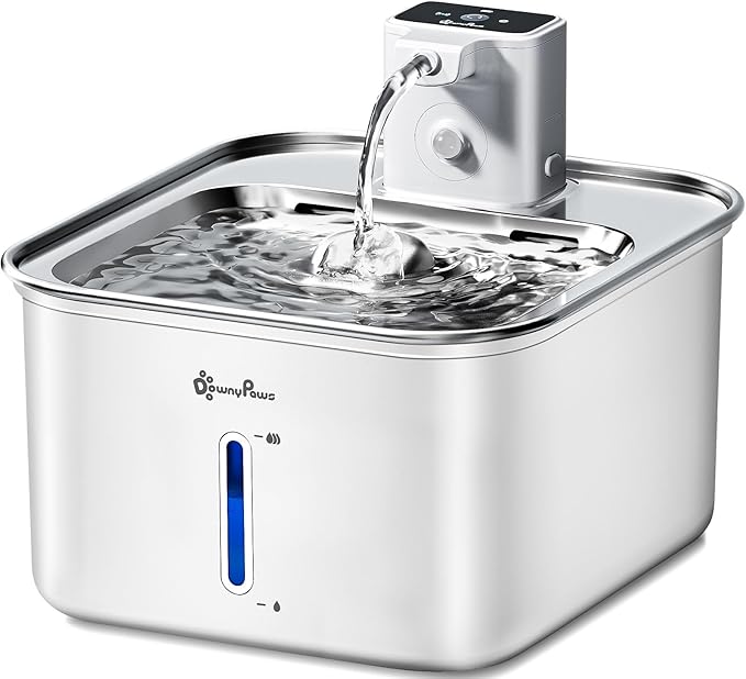 DownyPaws Cat Water Fountain Stainless Steel Wireless, 101 oz/3L FurSink Cordless Water Fountain for Cats, Battery Operate...