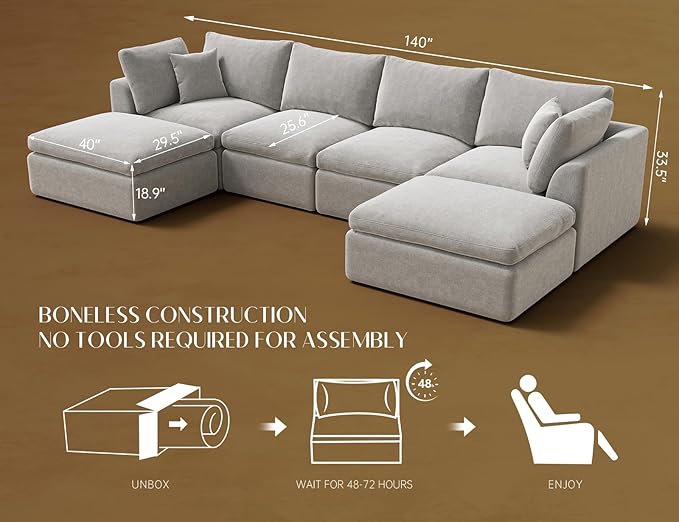 ohllob Oversized Cloud Sectional Couches for Living Room, Boneless U Shaped Couch with Ottoman, 4 Seater Modular Sectional Sofa, Light Grey