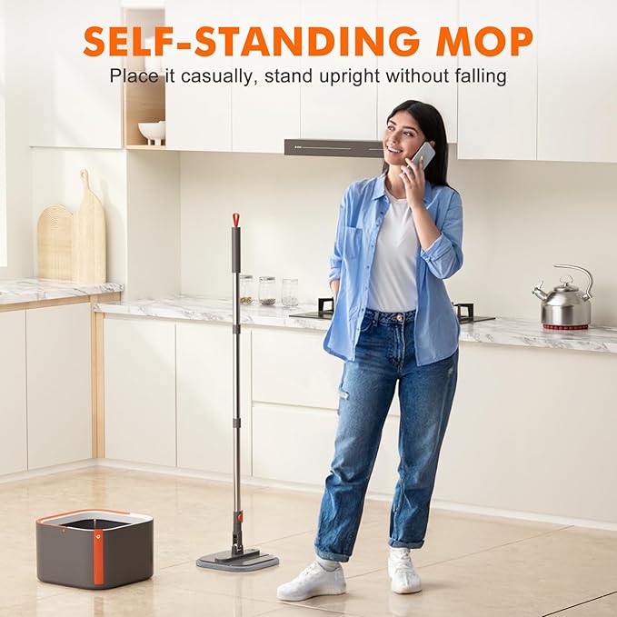 Upgraded Self-Standing Spin Mop and Bucket System, Detachable Inner Mop Bucket Separates Dirty Water & 90° Foldable Head, Triple-Scrub System, 0.9Gal Dual Drainage, for Hardwood Floors (Gray 2 Pads)