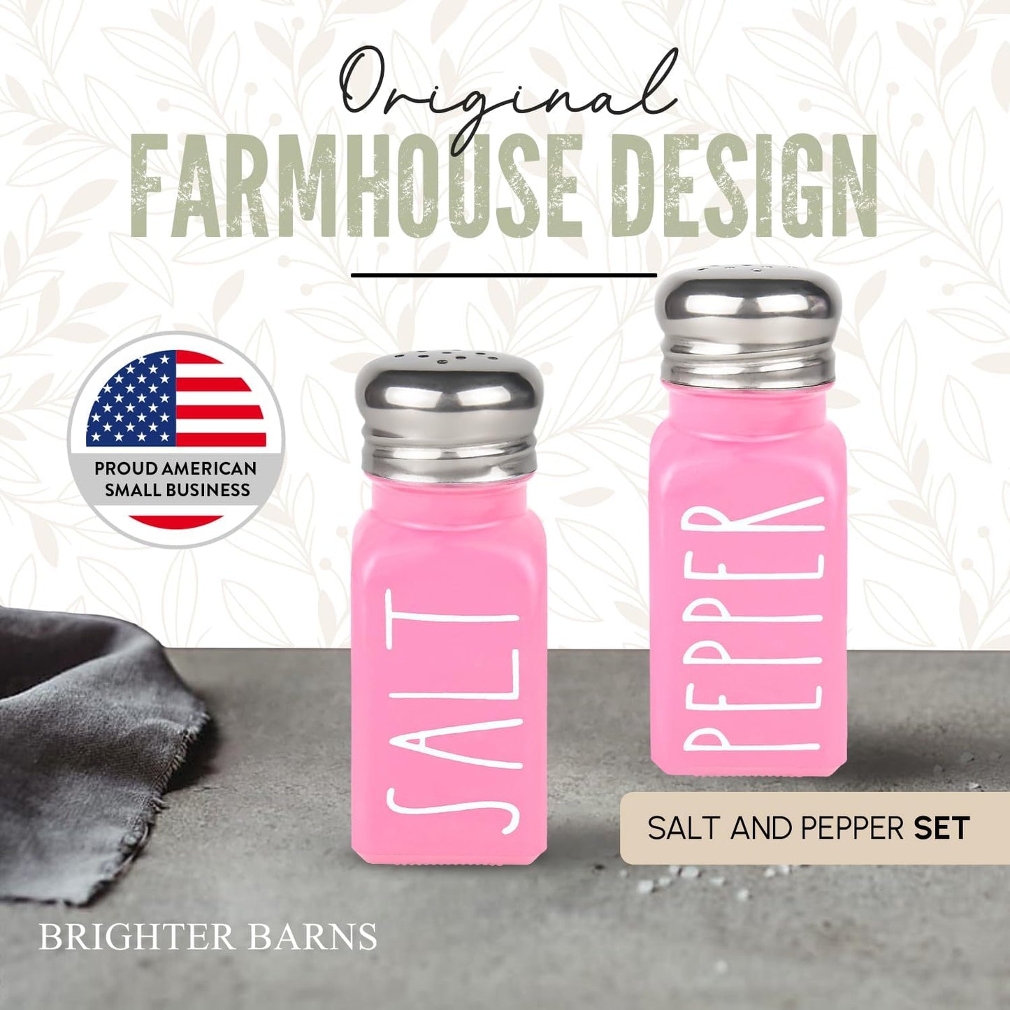 Pink Salt and Pepper Shakers Set by Brighter Barns - Modern Kitchen Decor and Accessories - Cute Glass Shakers - Vintage Decor for Home, Restaurants, Housewarming Gifts & Stainless Steel Lids (Pink)