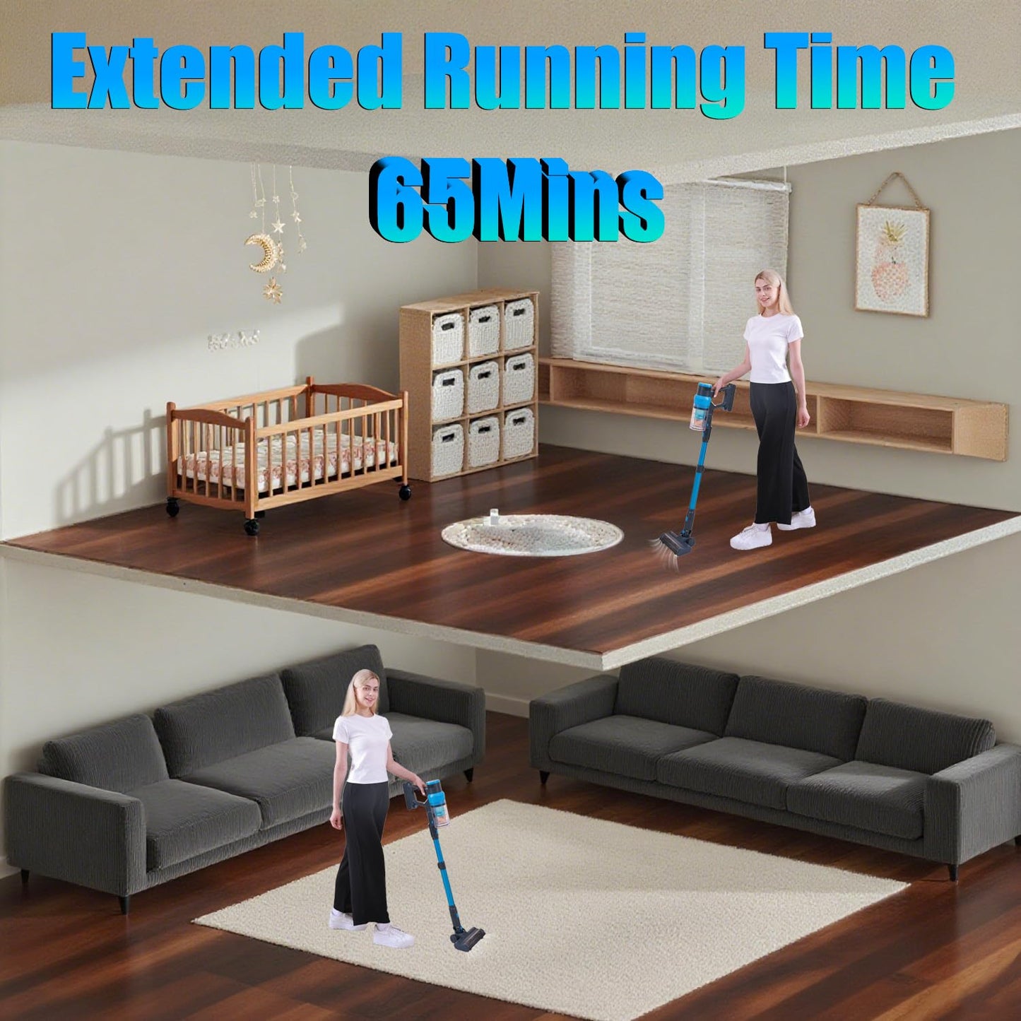 PRAVOLE Cordless Vacuum Cleaner - 400W, 48kPa Suction, 65min Runtime, Blue, Self-Standing, Anti-Tangle for Home & Pet Hair