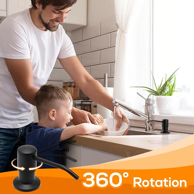 Built in Soap Dispenser for Kitchen Sink Matte Black Stainless Steel Pump Head, Counter Soap Dispenser Refill from The Top with 17 Oz PE Bottle