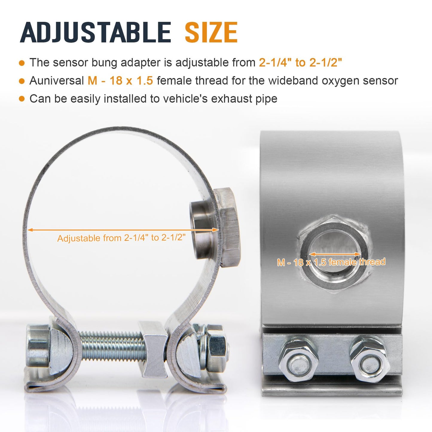 Oxygen Sensor Adapter for 2-1/4"-2-1/2" Clamp-On Wideband Oxygen Sensor Pipe, Sensor Bung Adapter Kit for Automotive Exhaust Systems, No Weld Design, 1 Pack