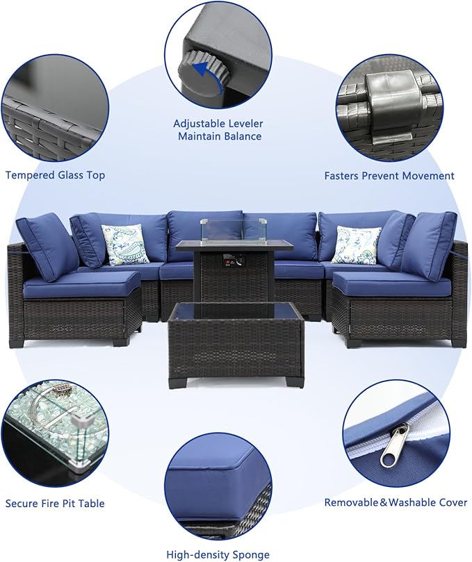 3D MATRIX 8 Pieces Patio Furniture Set with 28" Fire Pit Table, Wicker Outdoor Sectional Couch, Rattan Conversation Set for Backyard, Deck, Garden Lawn, Brown/Blue