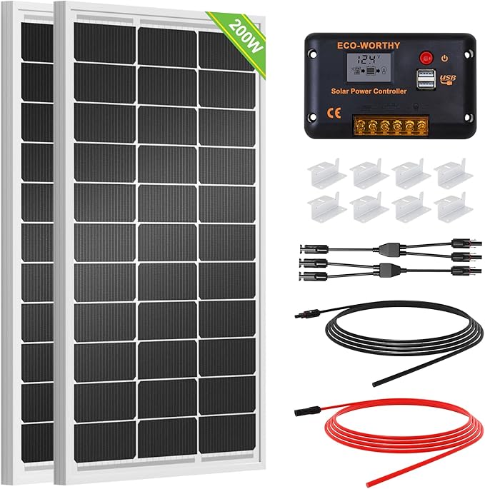 ECO-WORTHY 200 Watts 12 Volt/24 Volt Solar Panel Kit with High Efficiency Monocrystalline Solar Panel and 30A PWM Charge C...