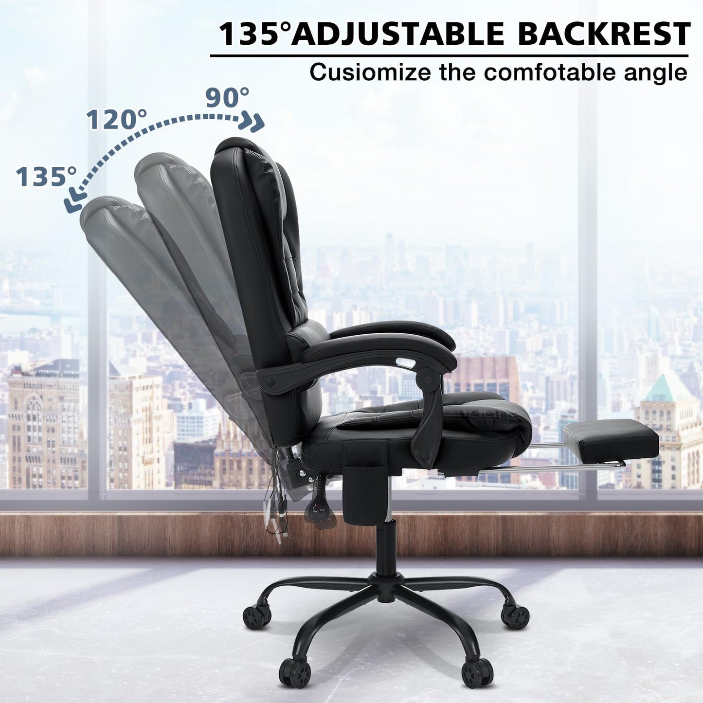 Massage Office Chair Reclining Office Chair with Footrest Soft Leather Executive Office Chair Ergonomic High Back Computer Desk Chair for Home Office Black