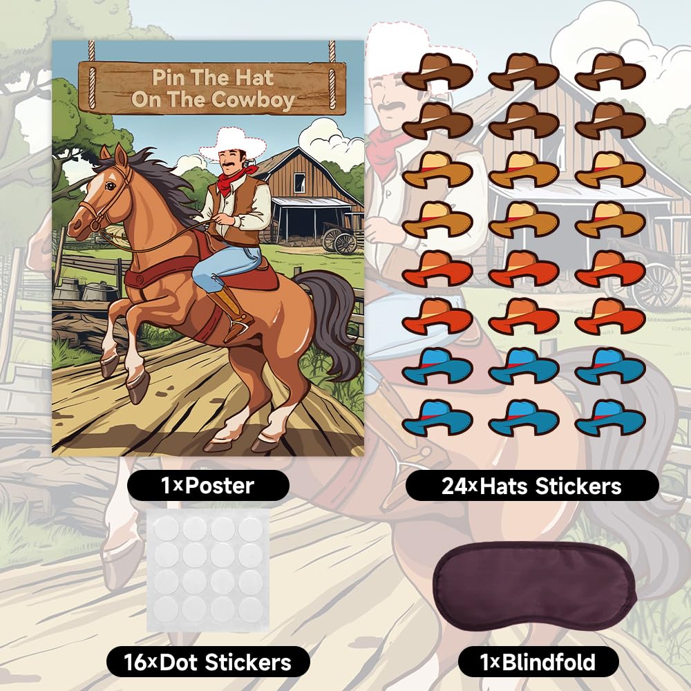 Pin The Hat on The Cowboy Party Games - Western Birthday Party Decorations Horse Theme Poster with 24 Stickers & 1 Eye Mask Wall Game Photo Background for 24 Players