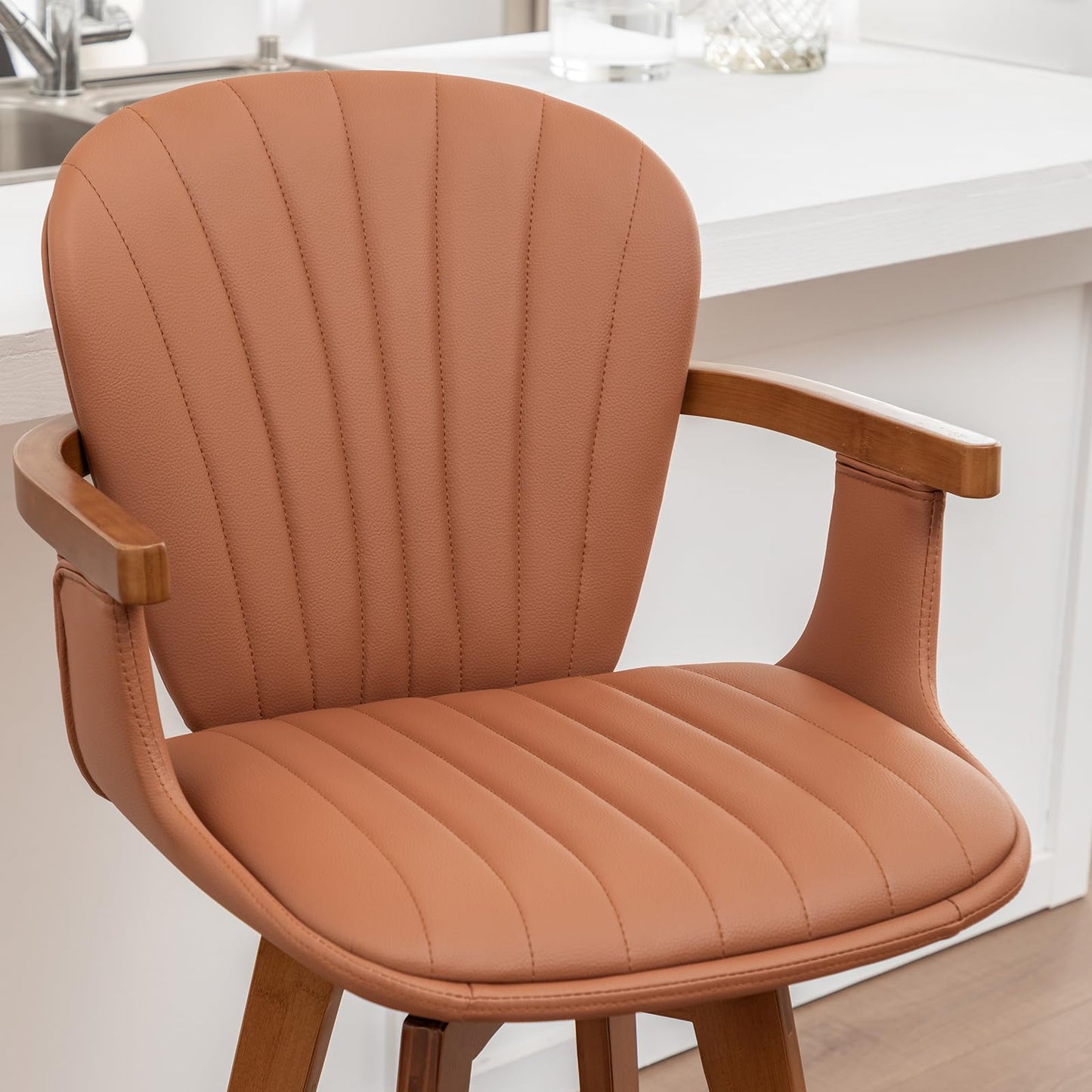 LUNLING 30” Bar Height Stools,Mid Century Modern Bar Stool,Orange PU Leather Kitchen Island Stools,Wood High Barstools Swivel with Back and Arms for Home Bar Furniture,1PCS